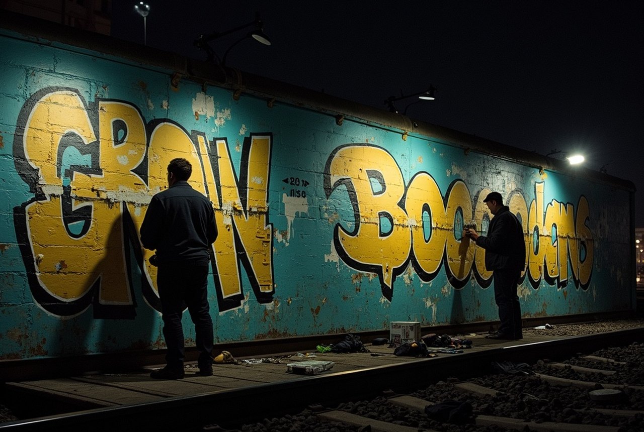 Graffiti writers painting a subway train at night in a South Bronx rail yard