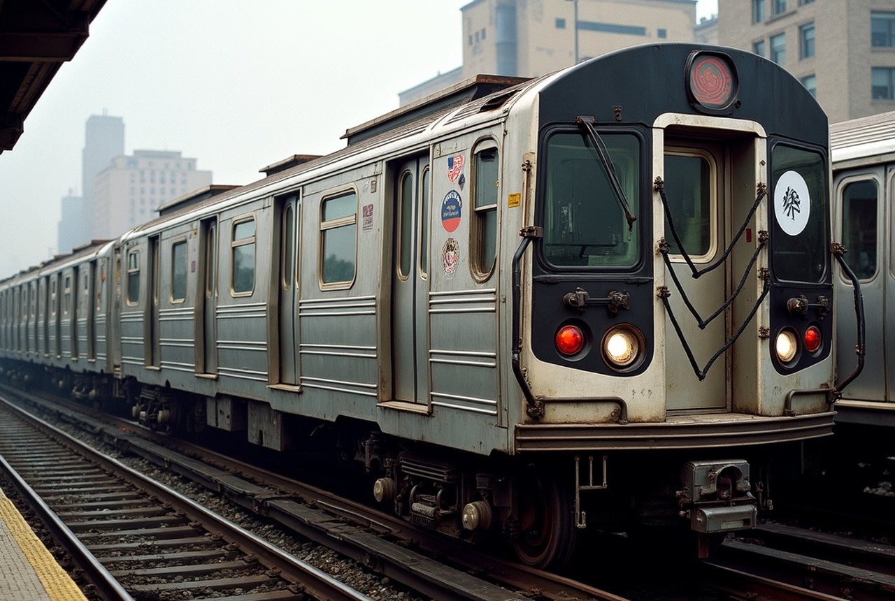 A freshly buffed grey subway car on a yard track, dull solvent-streaked steel where paint used to be