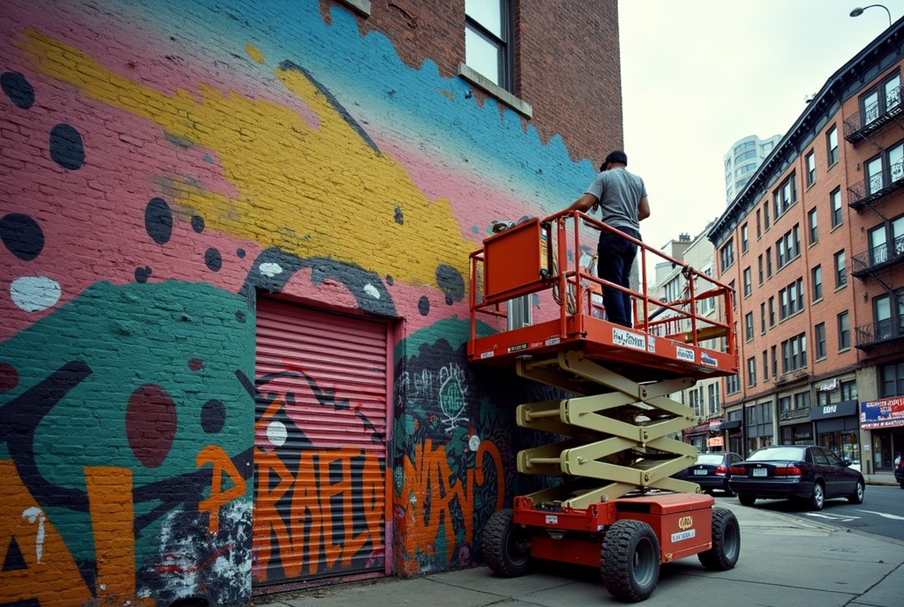 A muralist on a scissor lift working a large legal wall