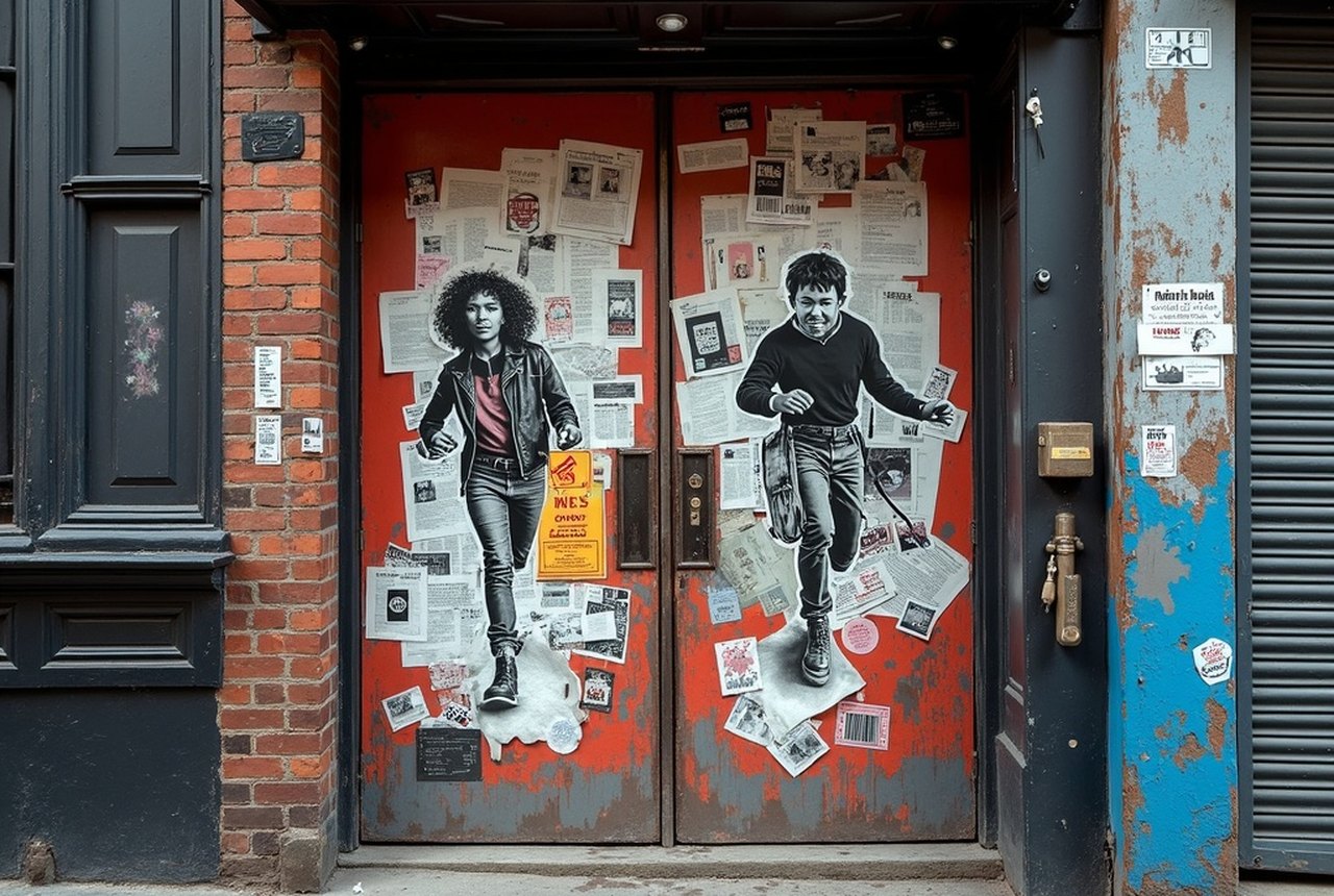 Peeling layered wheatpaste posters on a tenement doorway