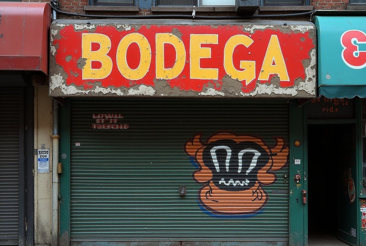 Faded hand-painted bodega sign above a corner storefront