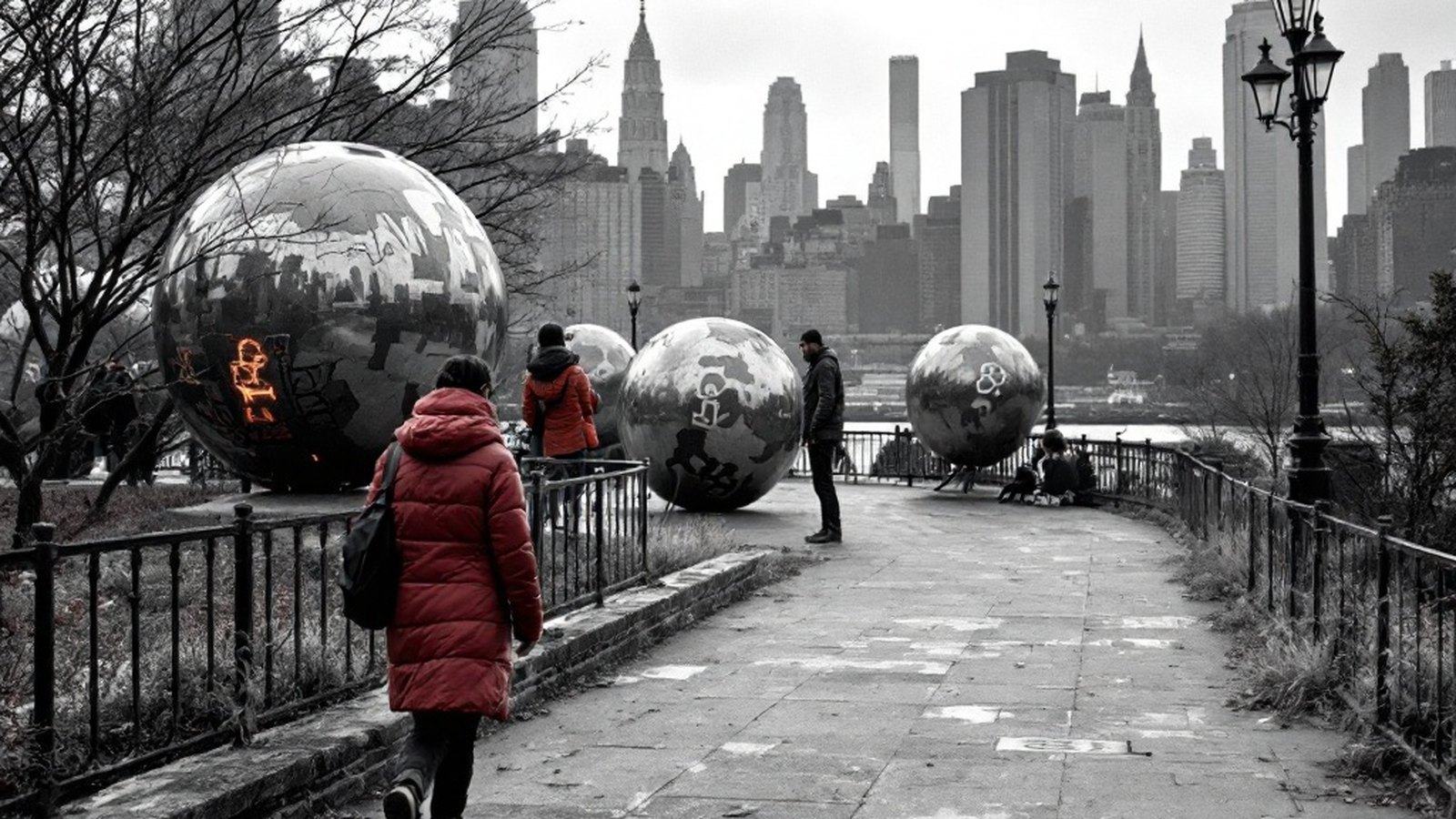Wide shot of large steel sculptures on the Socrates Sculpture Park waterfront, Manhattan skyline across the East River
