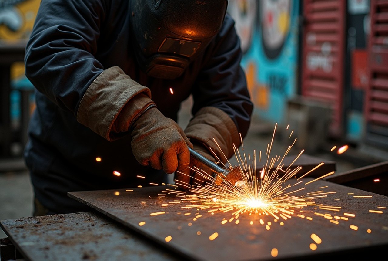 Close-up of a welding arc throwing sparks across quarter-inch plate steel at an outdoor fabrication station