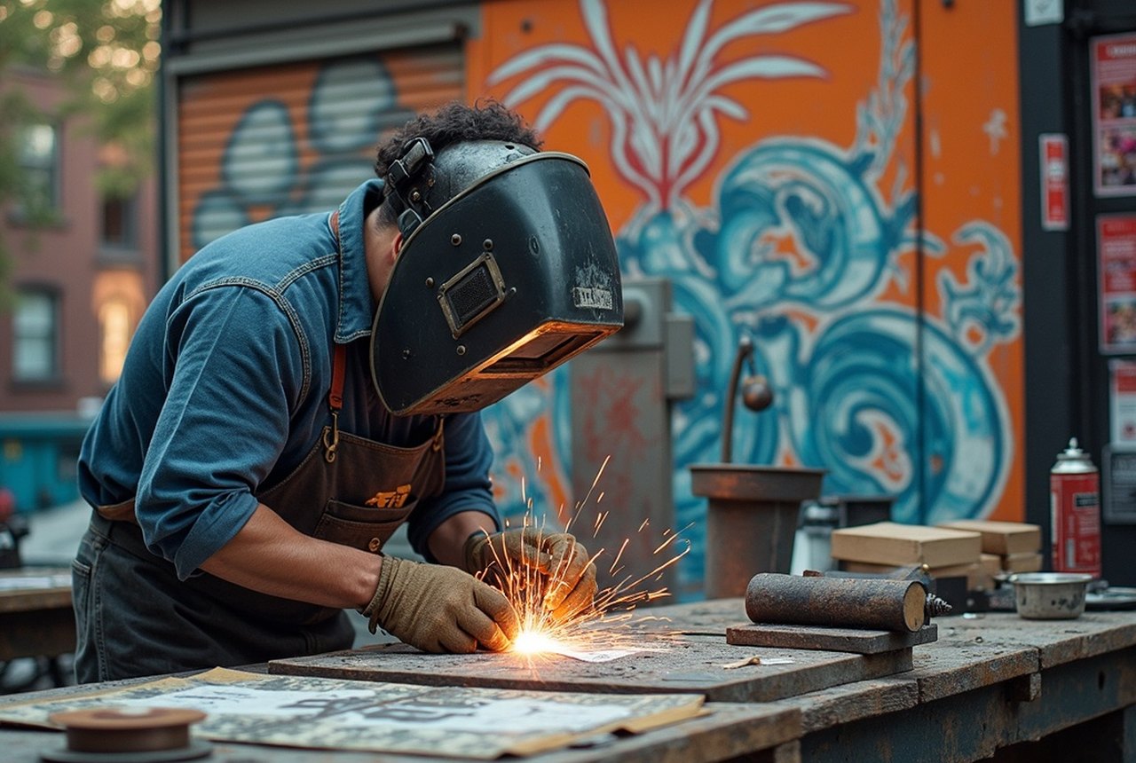 Sculptor with welding helmet down, working at an outdoor fabrication station in the park