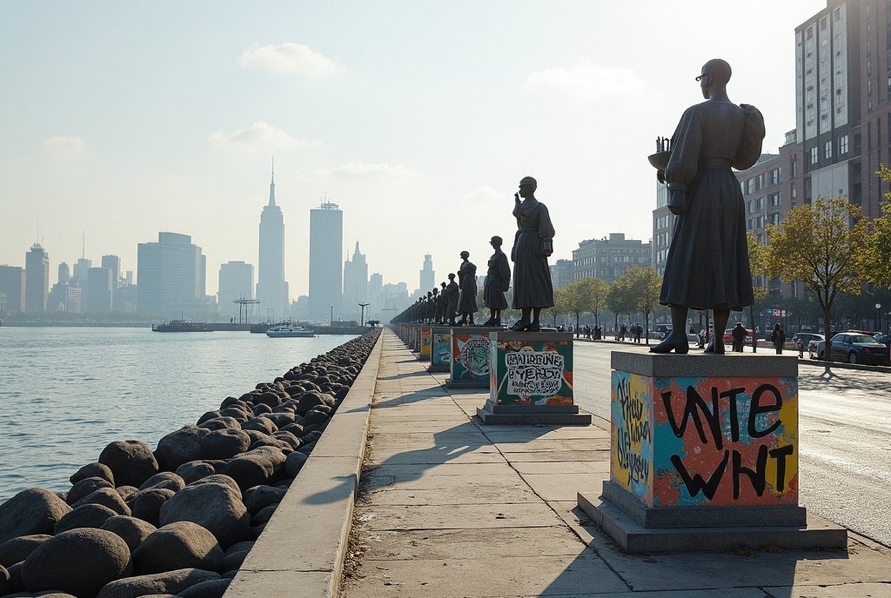 Wide view of sculptures on the East River bank with the Manhattan skyline across the water