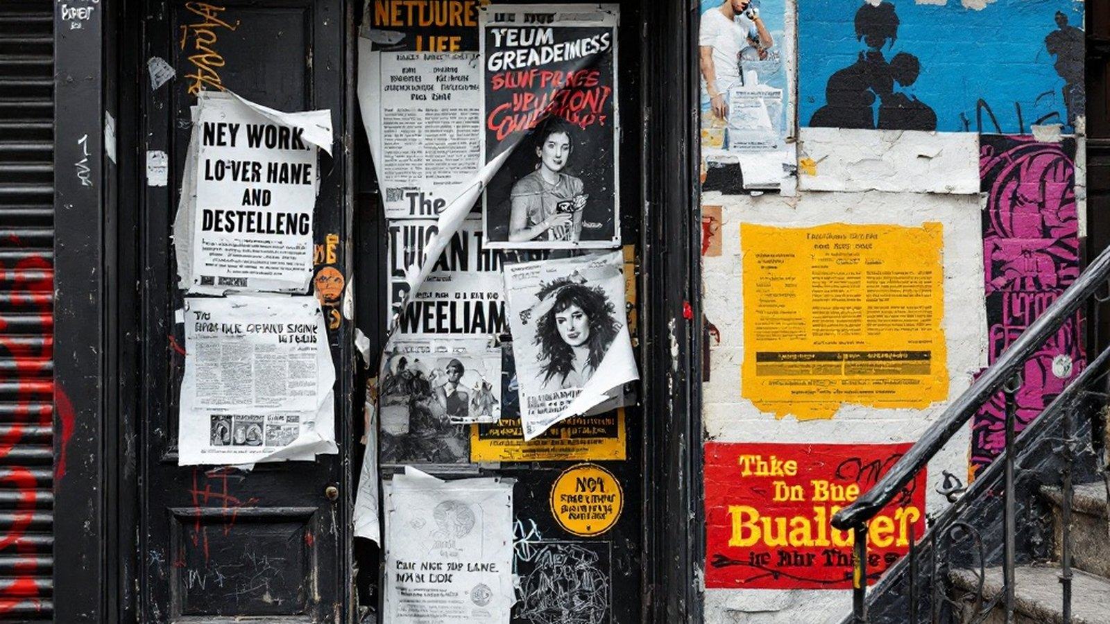Peeling layered wheatpaste posters on a Lower East Side tenement doorway, corners curling to reveal older prints