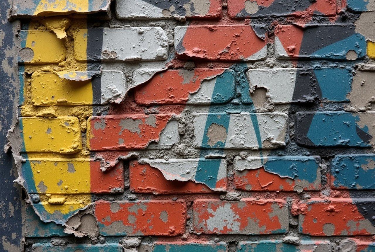 Close-up of peeling wheatpaste layers on brick, multiple prints and colours showing through torn edges