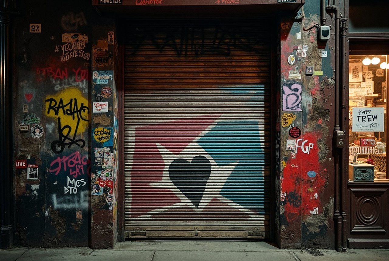 Wide shot of a paste-up-covered doorway and roll-down gate on a Lower East Side block at night