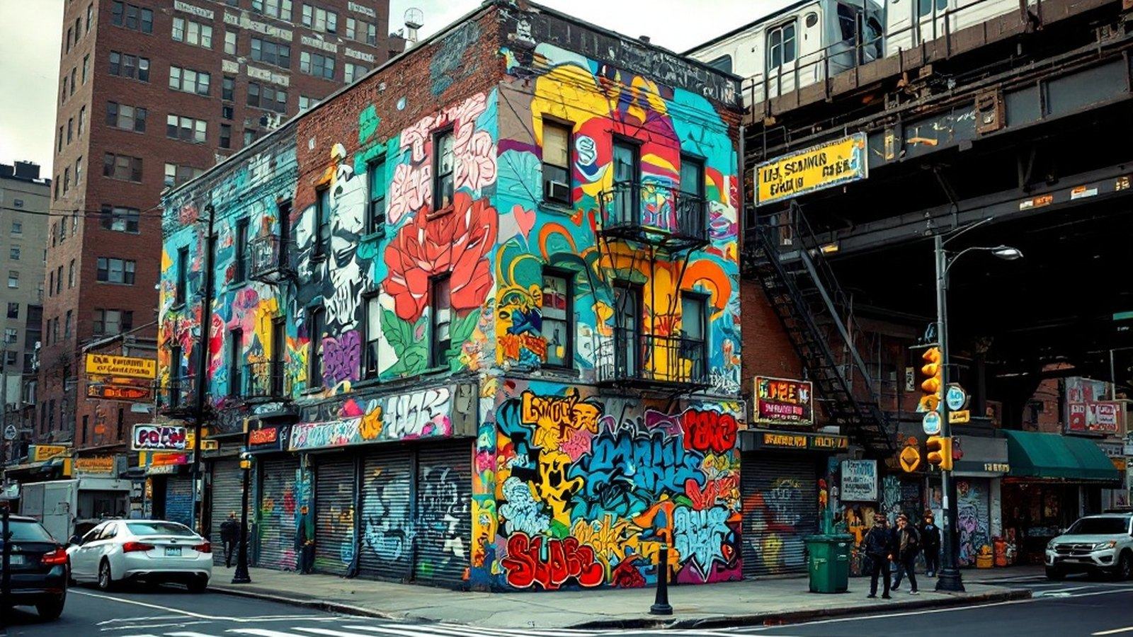 Mural-covered corner building at a busy South Bronx intersection, elevated train structure in the background