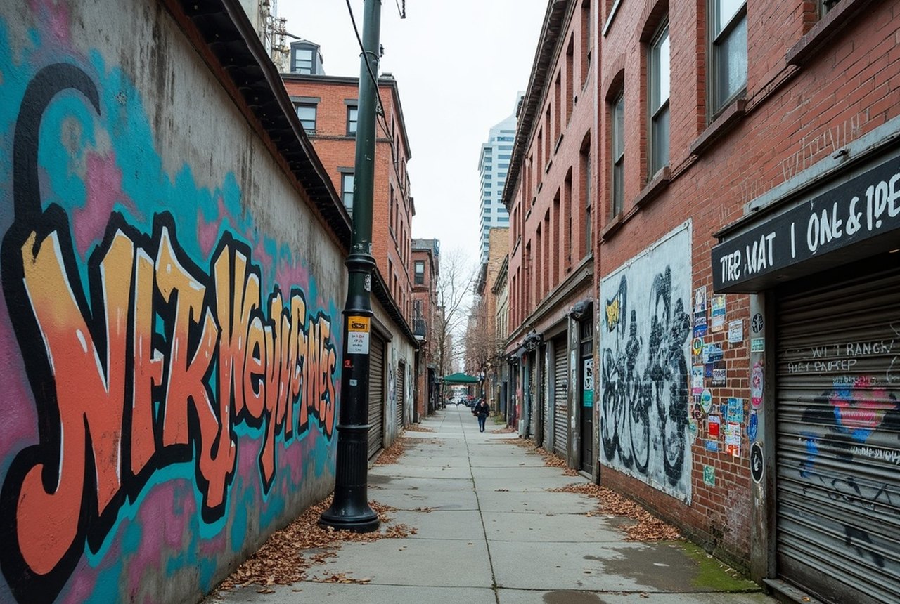 Street-level view along Hunts Point Avenue: layered murals, paste-ups and stickers on industrial walls