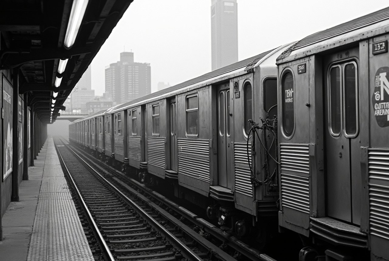 Black-and-white archival-style photo of painted subway trains pulling into an elevated Bronx platform